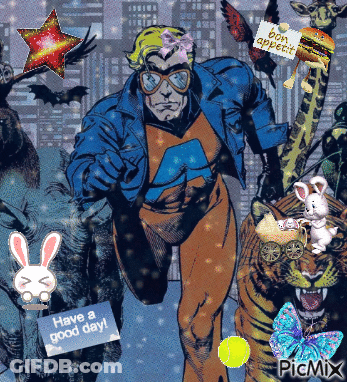 A Comic Book Character With A Sign That Says Have A Good Day On It GIF