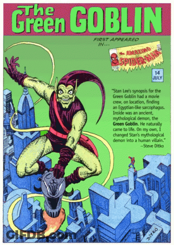 A Comic Book Cover For The Green Goblin Shows Him Flying Over A City GIF