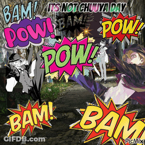 A Comic Book Scene With The Words Pow And Bam On It GIF