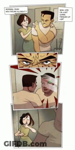 A Comic Strip Shows A Man And A Woman Looking At Themselves In The Mirror GIF