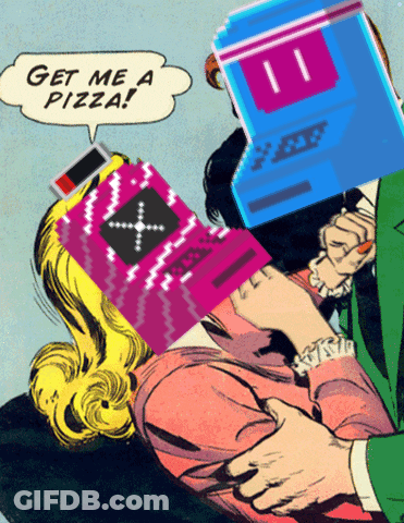 A Comic Strip Shows A Man Holding A Woman With A Box On Her Head That Says ' Get Me A Pizza ' GIF