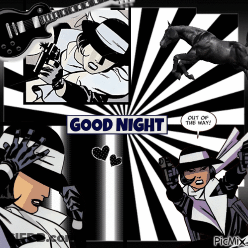A Comic Strip With A Man Holding A Gun And The Words Good Night Out Of The Way GIF