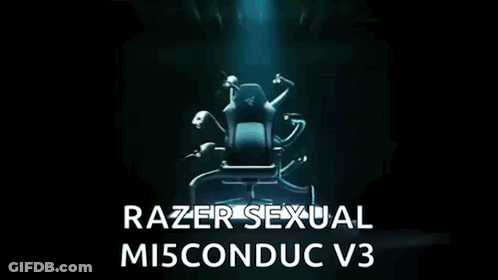 A Computer Chair With The Words Razer Sexual Misconduct V3 Below It GIF