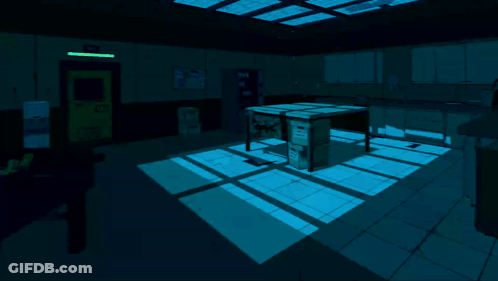 A Computer Desk In A Dark Room With A Light Shining Through The Windows GIF
