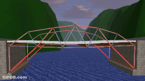A Computer Generated Image Of A Bridge Over A River With Mountains In The Background GIF
