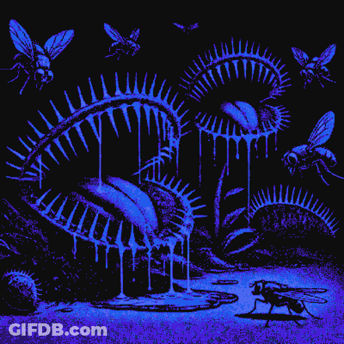 A Computer Generated Image Of A Carnivorous Plant With Flies Around It GIF