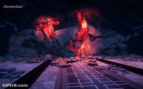 A Computer Generated Image Of A Cave With The Words Illusive Soul On The Bottom GIF