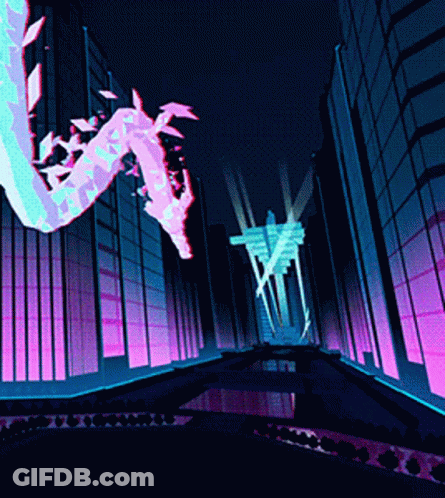 A Computer Generated Image Of A City At Night With A Dragon In The Foreground GIF