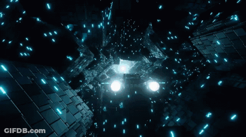A Computer Generated Image Of A Dark Room With Blue Lights Coming Out Of It GIF