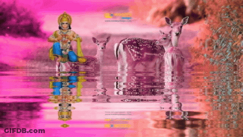 A Computer Generated Image Of A Deer And A Statue Of A Deity In The Water GIF