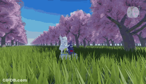 A Computer Generated Image Of A Field With Trees And Flowers GIF