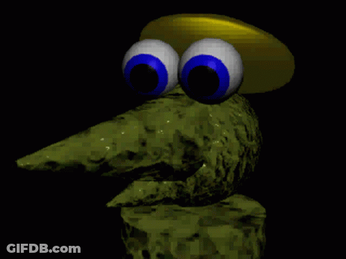 A Computer Generated Image Of A Frog With Big Eyes And A Yellow Hat GIF