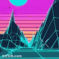 A Computer Generated Image Of A Futuristic Landscape With Mountains And A Sunset In The Background . GIF