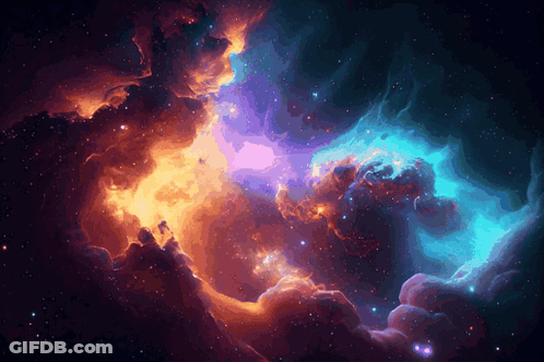 A Computer Generated Image Of A Galaxy With A Blue And Orange Nebula GIF
