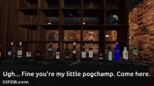 A Computer Generated Image Of A Girl Holding A Glass Of Beer With The Words Ugh Fine You 'Re My Little Pogchamp Come Her GIF