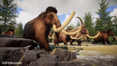 A Computer Generated Image Of A Herd Of Mammoths With The Words In Engine Alpha Footage Below Them GIF