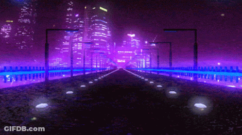 A Computer Generated Image Of A Highway At Night With A City In The Background GIF