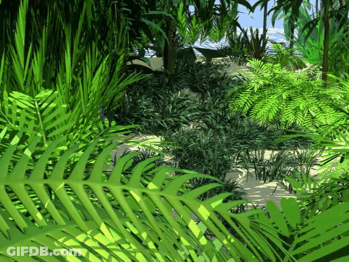 A Computer Generated Image Of A Jungle With Palm Trees And Ferns GIF
