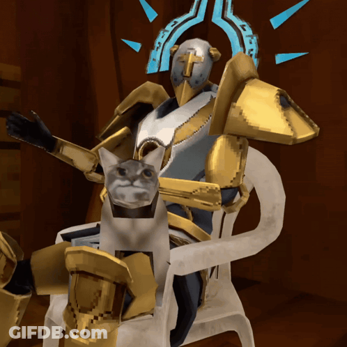 A Computer Generated Image Of A Knight With A Cat On His Shoulders GIF