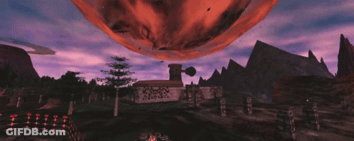 A Computer Generated Image Of A Landscape With A Large Red Object In The Sky Above A Building GIF