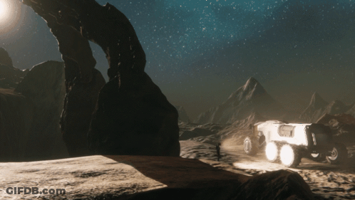 A Computer Generated Image Of A Landscape With A Vehicle In The Foreground GIF