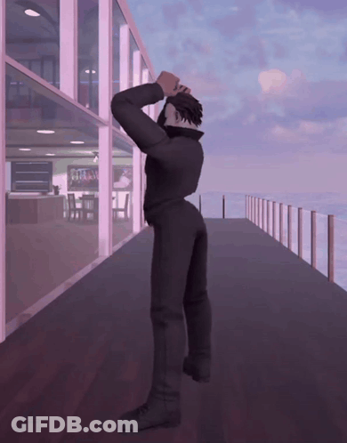 A Computer Generated Image Of A Man Standing On A Balcony Looking Out A Window GIF