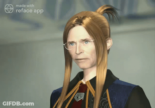 A Computer Generated Image Of A Man With Long Blonde Hair And Glasses Made With Reface App GIF