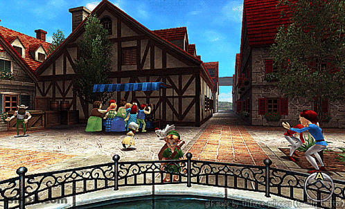 A Computer Generated Image Of A Medieval Town With A Fence And A Bridge GIF
