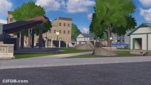 A Computer Generated Image Of A Park With A Sign That Says Park GIF