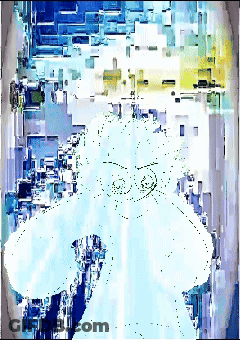 A Computer Generated Image Of A Person 'S Face In A Blue And Yellow Background GIF