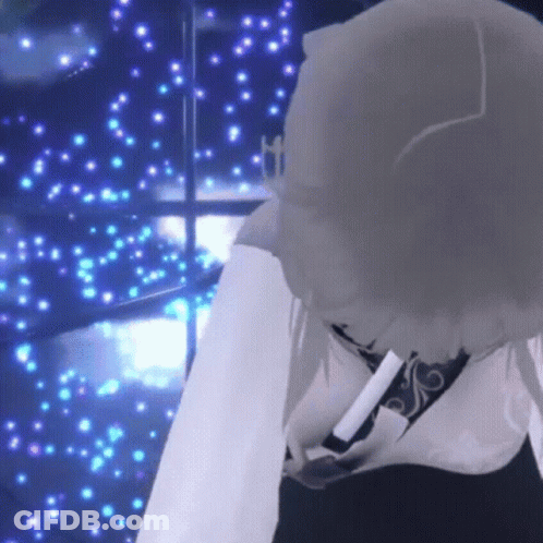 A Computer Generated Image Of A Person Standing In Front Of A Window With Blue Lights Behind Them GIF