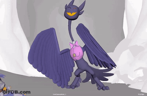 A Computer Generated Image Of A Purple Bird With A Pink Flower On Its Head GIF