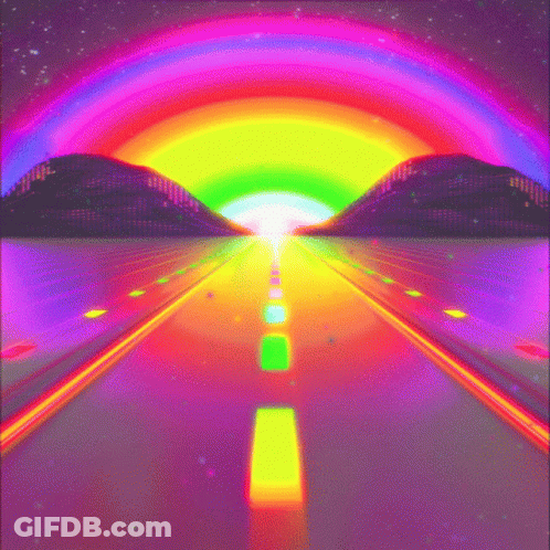 A Computer Generated Image Of A Road With A Rainbow In The Sky . GIF