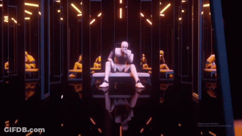 A Computer Generated Image Of A Robot Sitting In Front Of A Row Of Other Robots GIF