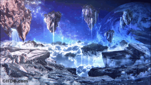 A Computer Generated Image Of A Rocky Landscape With Floating Rocks In The Sky GIF