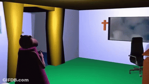 A Computer Generated Image Of A Room With A Chair And A Cross On The Wall GIF