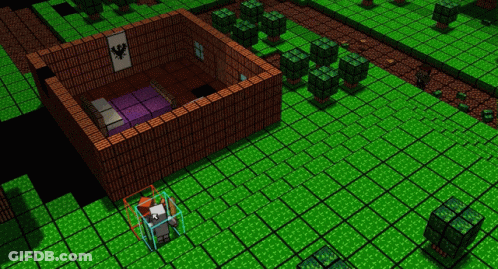 A Computer Generated Image Of A Room With A Purple Bed GIF