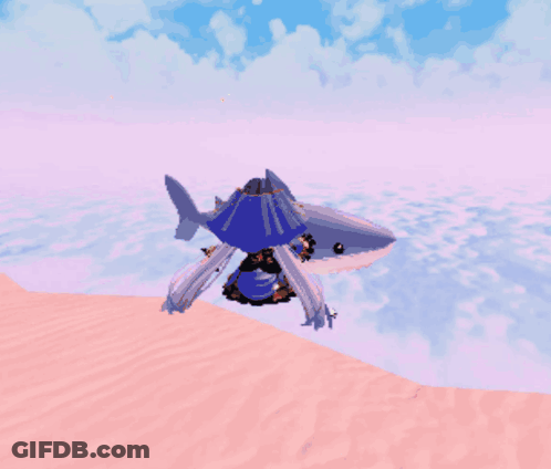 A Computer Generated Image Of A Shark And A Tent On The Beach GIF