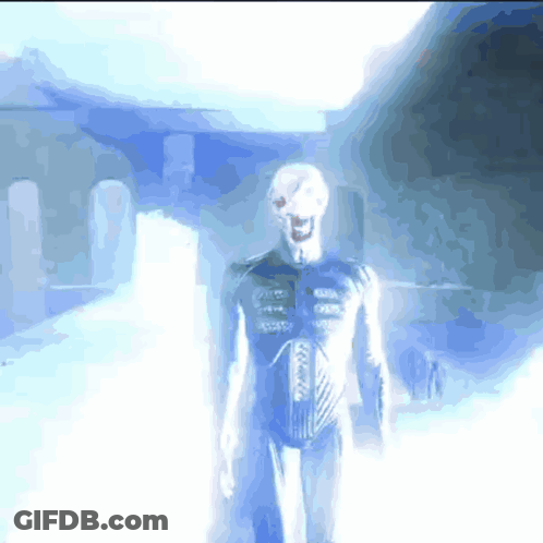 A Computer Generated Image Of A Skeleton Standing In A Dark Room GIF