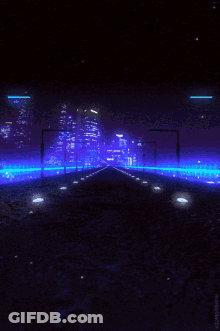 A Computer Generated Image Of A Street At Night With A City In The Background And A Purple Light GIF