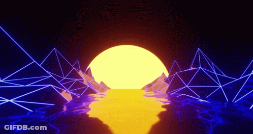 A Computer Generated Image Of A Sunset With Mountains And Water GIF