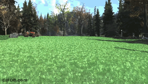 A Computer Generated Image Of A Tractor In A Grassy Field GIF