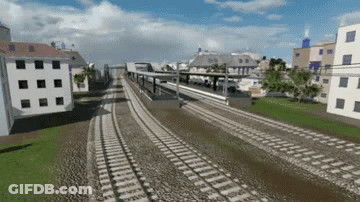 A Computer Generated Image Of A Train Track In A Residential Area GIF