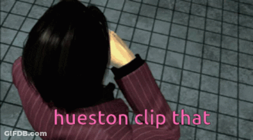 A Computer Generated Image Of A Woman Covering Her Ears With Her Hands And The Words " Hueston Clip That " Below Her GIF