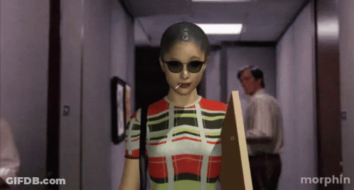 A Computer Generated Image Of A Woman Smoking A Cigarette And Holding A Piece Of Wood With The Word Morphin Below Her GIF