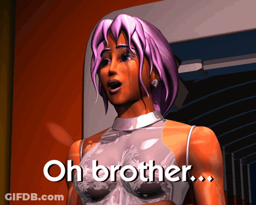 A Computer Generated Image Of A Woman With Purple Hair Says Oh Brother GIF