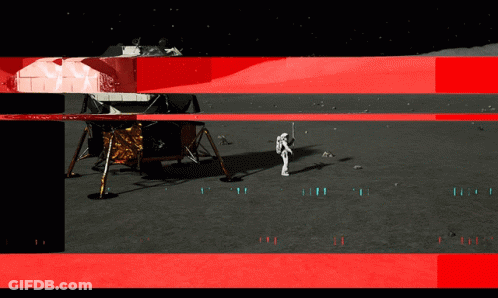 A Computer Generated Image Of An Astronaut On The Moon With A Red Background GIF