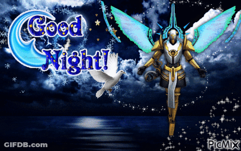 A Computer Generated Image That Says Good Night With A Robot And A Dove GIF