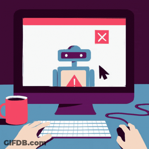A Computer Monitor Shows A Robot With An Exclamation Point And An X GIF