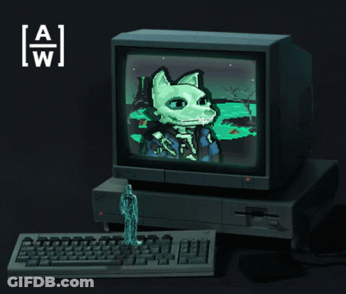 A Computer Monitor With A Cat On It And The Letters A And W On It GIF